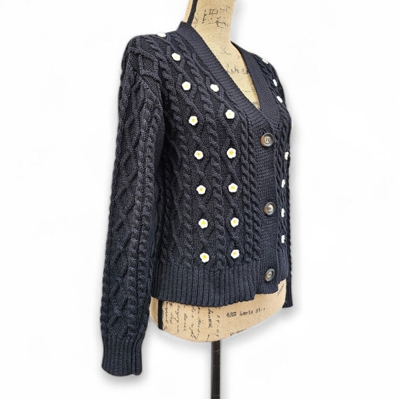 GiGi Black Cable Knit Daisy Cardigan - Boho Romantic Charm, Size S - Picture 3 of 5
